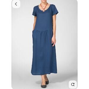 Vivid 100% Linen Blue Oversized Dress M Midi Natural Fiber Cottagecore Boho